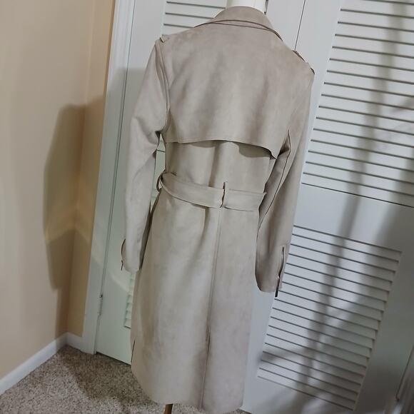 Magaschoni Large Faux Leather/Suede Beige Wrap Trench Coat Mid-Weight SOFT - Picture 8 of 13
